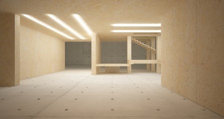 Abstract architectural concrete, coquina and glass interior of a minimalist house with neon lighting. 3D illustration and rendering.