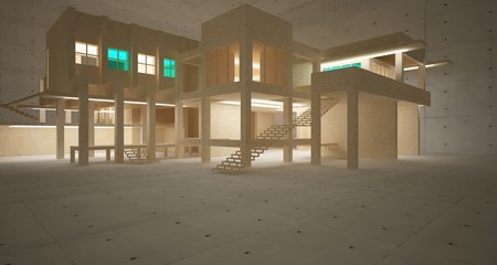 Abstract architectural concrete, coquina and glass interior of a minimalist house with neon lighting. 3D illustration and rendering.