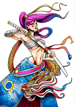 Illustration of a samurai girl with a katana, whose hair flies dragon with Golden scales