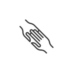 Obraz premium Two hands touching each other line icon. linear style sign for mobile concept and web design. Helping hand outline vector icon. Friendship symbol, logo illustration. Vector graphics