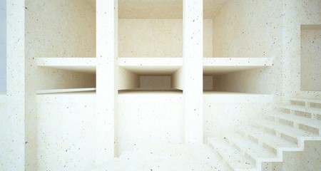 Abstract architectural concrete, coquina and glass interior of a minimalist house. 3D illustration and rendering.