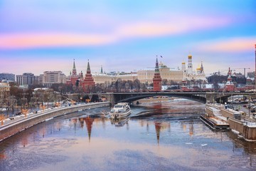 Fototapeta premium Moscow Kremlin and river day winter glowing panorama