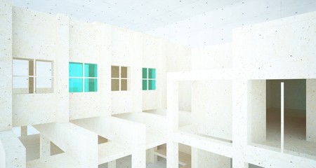 Abstract architectural concrete, coquina and glass interior of a minimalist house. 3D illustration and rendering.