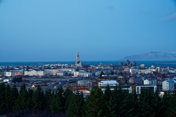 High Quality 120° Panorama of Reykjavik city after sunset during winter with snowcapped mountain view in the background from perlan (pic 1/7)