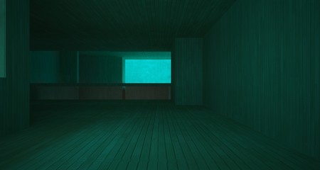 Abstract architectural concrete, wood and glass interior of a minimalist house. 3D illustration and rendering.
