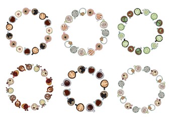 Set of decorative wreaths of coffee and tea drinks cups and mugs. Cartoon hand drawn comic style ornaments collection