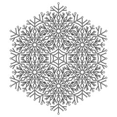 Round vector snowflake. Abstract winter ornament. Black and white snowflake