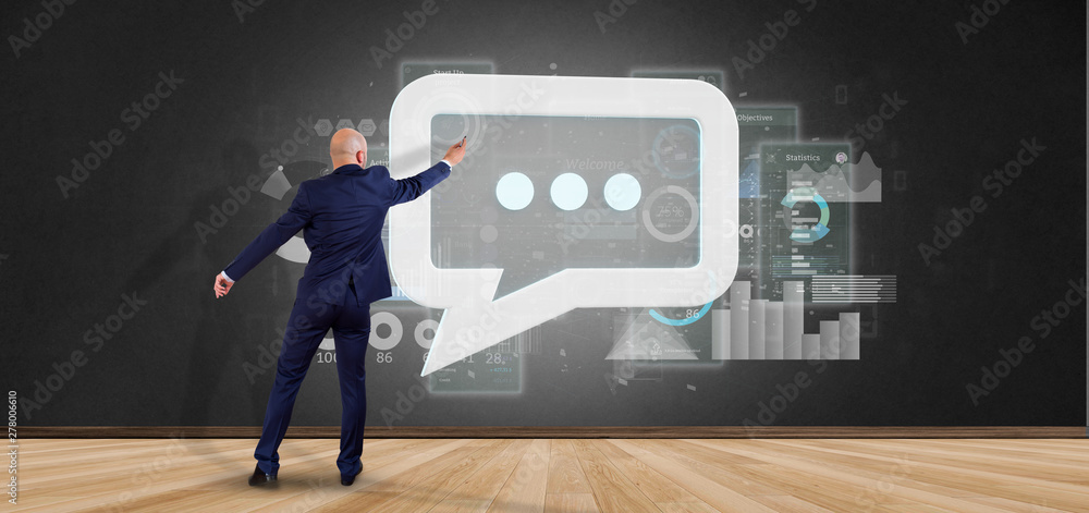 Poster view of a businessman holding a message icon with data in background - 3d rendering