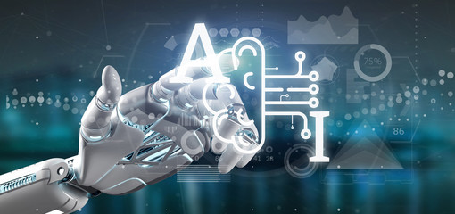 Cyborg hand holding artificial intelligence icon with half brain and half circuit 3d rendering