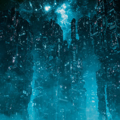 Cyberpunk metropolis night / 3D illustration of dark futuristic science fiction city under night sky © grandeduc