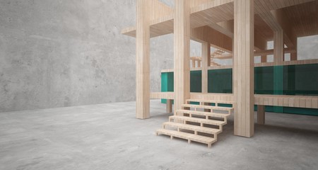 Abstract architectural concrete, wood and glass interior of a minimalist house. 3D illustration and rendering.