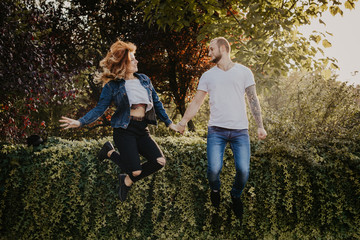 Happy loving couple outdoor in park .