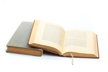 vintage old hardcover books on white background