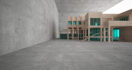 Abstract architectural concrete, wood and glass interior of a minimalist house. 3D illustration and rendering.