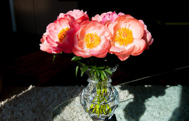 pink peony flowers in a crystal vase