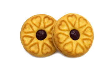 Biscuits cracker homemade. Sandwich cookies filled with a Blueberry jam and sweet  flavored. The circle has a heart around design. Isolated on white background.
