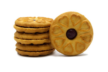 Biscuits cracker homemade. Sandwich cookies filled with a Blueberry jam and sweet  flavored. The circle has a heart around design. Isolated on white background.