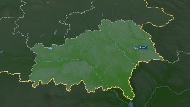 Homyel - region of Belarus with its capital zoomed on the physical map of the globe. Animation 3D