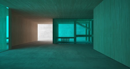 Abstract architectural concrete, wood and glass interior of a minimalist house. 3D illustration and rendering.