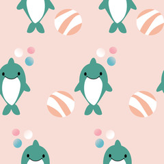 Green dolphin with orange ball in a seamless pattern design