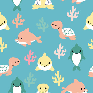 Dolphins and turtles in a seamless pattern design