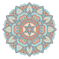 Decorative colorful ethnic mandala pattern. Design element for greeting card, banner or poster in oriental style. Hand drawn illustration