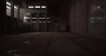 Abstract architectural concrete  and rusted metal interior of a minimalist house with neon lighting. 3D illustration and rendering.