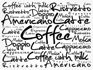 List of coffee drinks words cloud collage, poster background