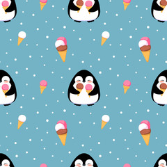 Penguin with ice cream seamless pattern, cartoon colorful vector illustration, isolated on background. 