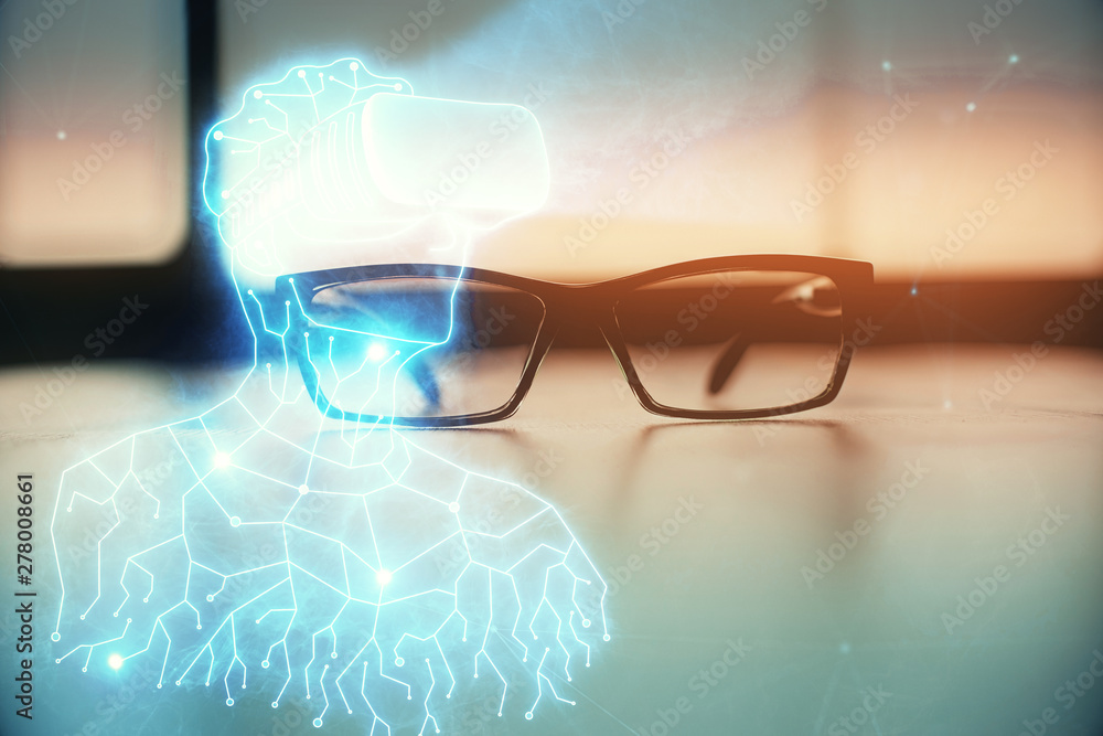 Poster ar drawing with glasses on the table background. concept of augmented reality. double exposure.