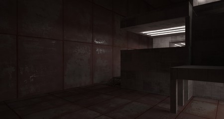Abstract architectural concrete  and rusted metal interior of a minimalist house with neon lighting. 3D illustration and rendering.