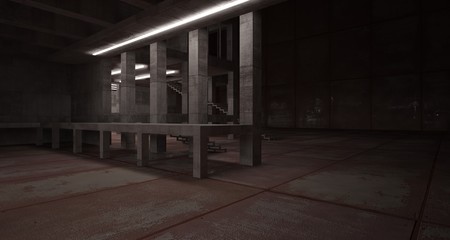 Abstract architectural concrete  and rusted metal interior of a minimalist house with neon lighting. 3D illustration and rendering.