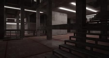 Abstract architectural concrete  and rusted metal interior of a minimalist house with neon lighting. 3D illustration and rendering.