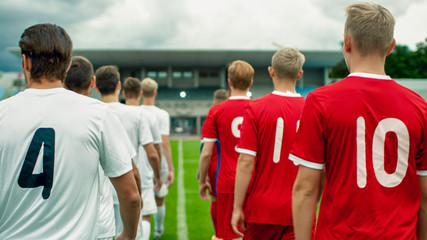 Two Professional Soccer Teams Leaving The Field After Successful Match. Leaving the Stadium After a Match is Over, Going on a Break. © Gorodenkoff
