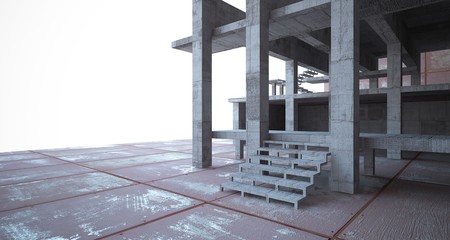 Abstract architectural concrete and rusted metal interior of a minimalist house with white background . 3D illustration and rendering.