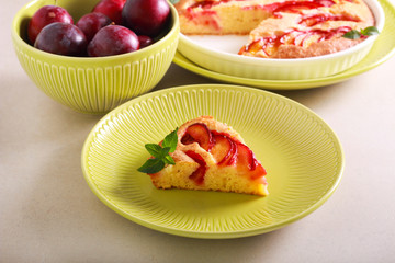Plum cake, sliced and served