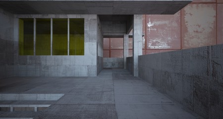 Obraz premium Abstract architectural concrete and rusted metal interior of a minimalist house with white background . 3D illustration and rendering.
