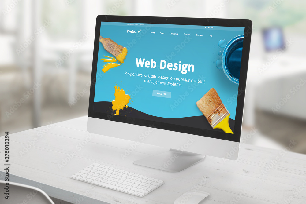 Aufkleber Web design studio concept with computer display on office desk and modern, flat web design studio presentation on screen with brushes and color drops.