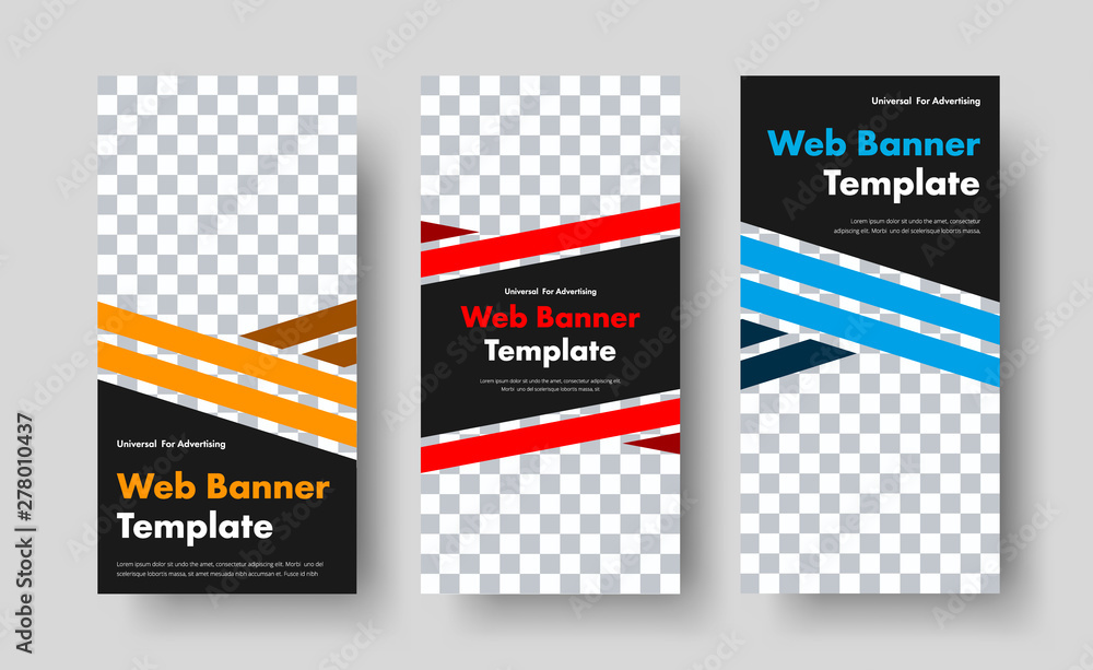 Poster Set of vector black web banners templates with diagonal color lines and place for photo