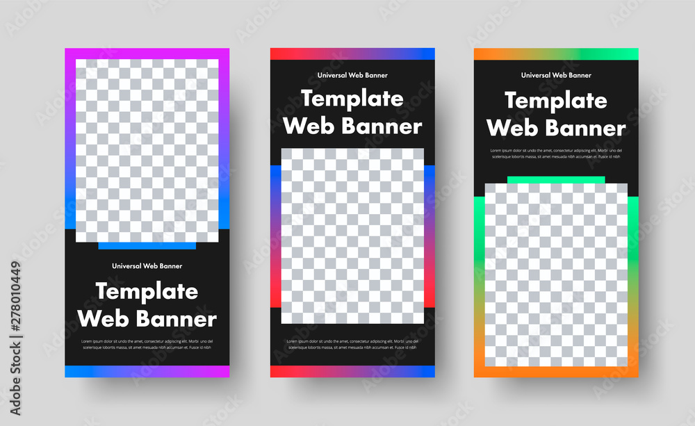 Poster Template of vertical black web banners i rectangle for image and gradient on background.