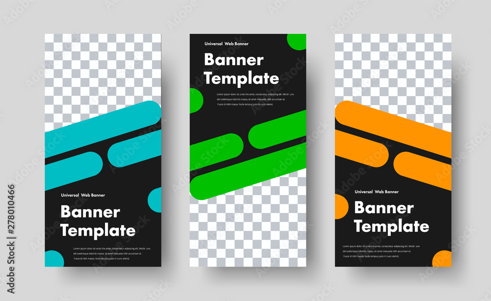 Aufkleber Template of vertical vector black banners with color rounded rectangles.
