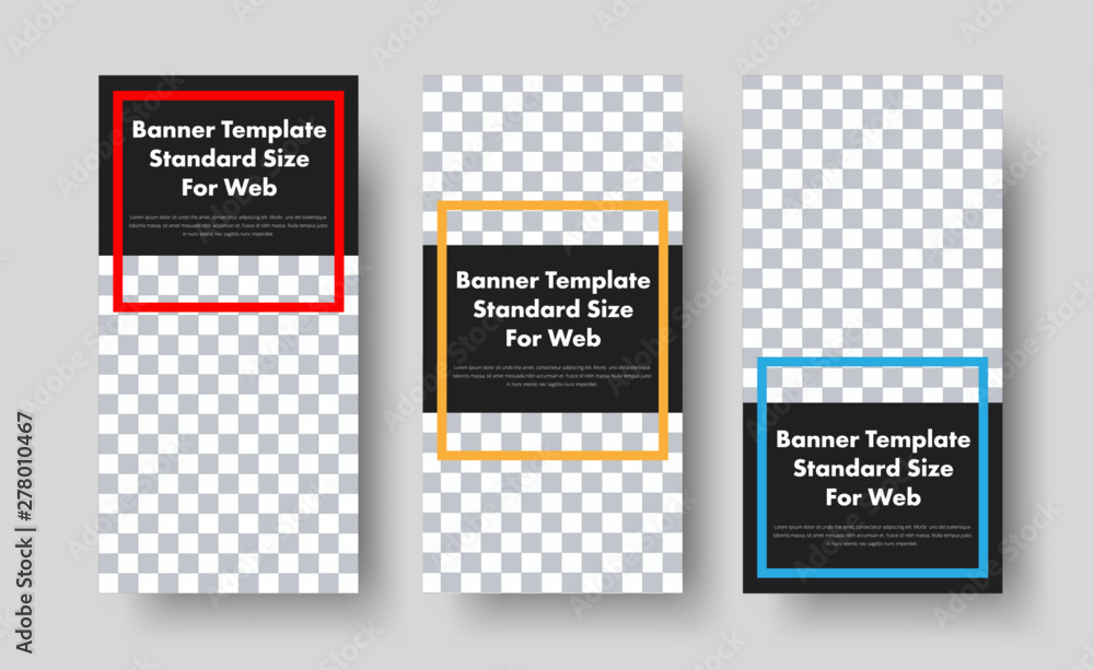 Poster desigb of black vertical web banners with place for photo and color frames for headline.