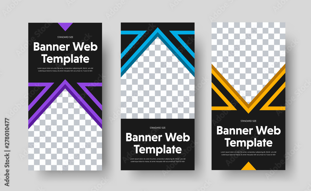 Poster Design of vector vertical black web banners with place for photo and color triangles.