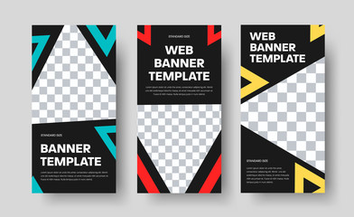 Templates of vertical black web banners with place for photo and color triangles.