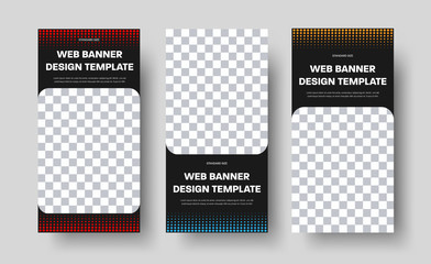 Design of vertical black web banners with place for photos and colored dots.