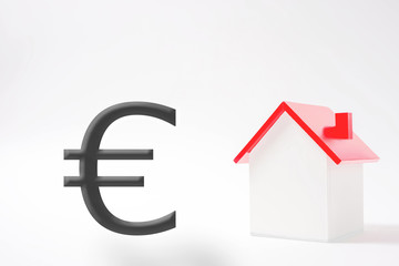 Miniature house and Euro. Images of income, assets, debt, purchases etc. ミニチュアハウスとユーロ　 収入、資産、借金、購入などのイメージ