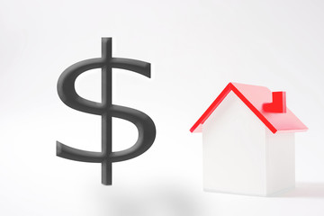 Miniature house and dollar. Images of income, assets, debt, purchases etc. ミニチュアハウスとドル　 収入、資産、借金、購入などのイメージ