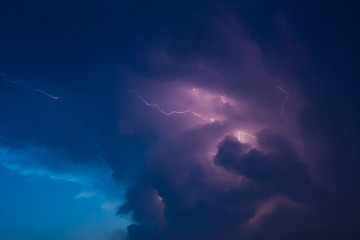 Storm with lightning between the clouds during a summer weather formation.