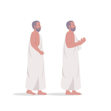 Man Wearing Ihram, Hajj Dress Praying Cartoon Character Illustration