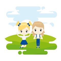 cute little student girls celebrating in landscape scene